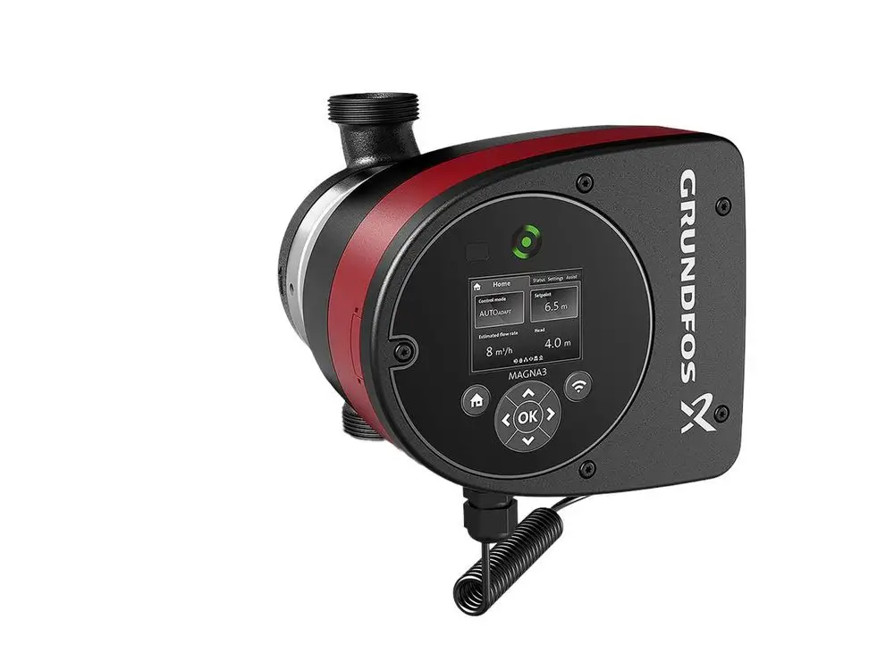 Grundfos Umwälzpumpe mit digitalem Display und Bedienelementen, geeignet für Heizungsanwendungen, mit einem kompakten und robusten Design.